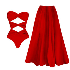 Crisscross Cutout One-Piece Swimsuit with Ruched Maxi Skirt
