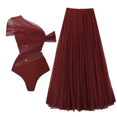 Elegant One-Shoulder Swimsuit with Tulle Detail