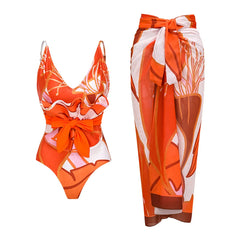 Vibrant Orange & White Swirl Print Swimsuit with Matching Cover-Up