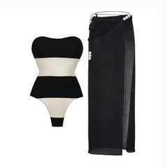 Chic Black & White Strapless One-Piece Swimsuit