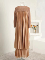 Modest Camel Pleated Layered Maxi Dress