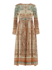Vintage Tapestry Print Pleated Midi Dress