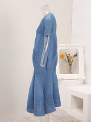 Modern Blue Pleated Midi Dress