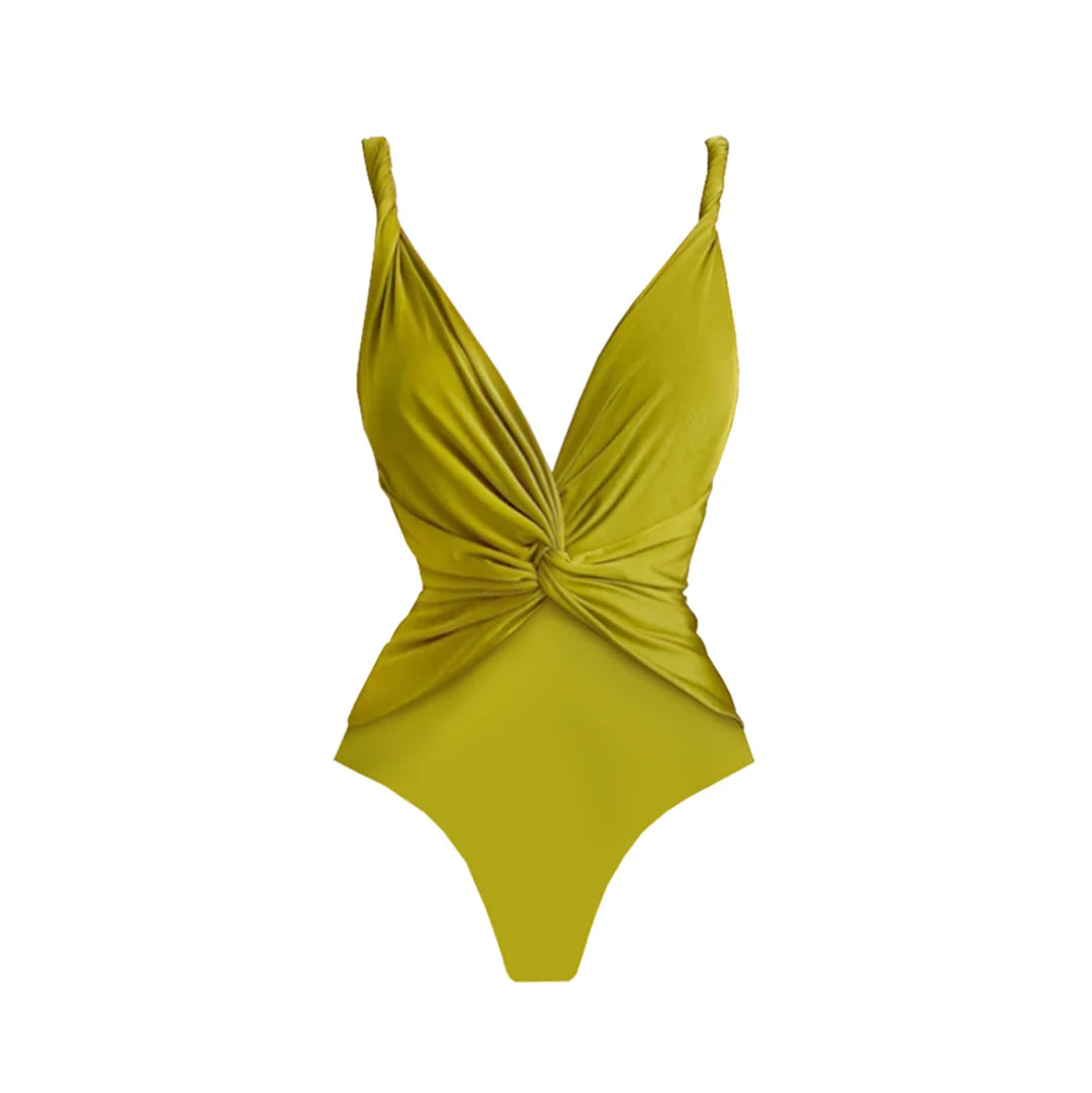 Olive Green Knotted Swimsuit & Sarong Set