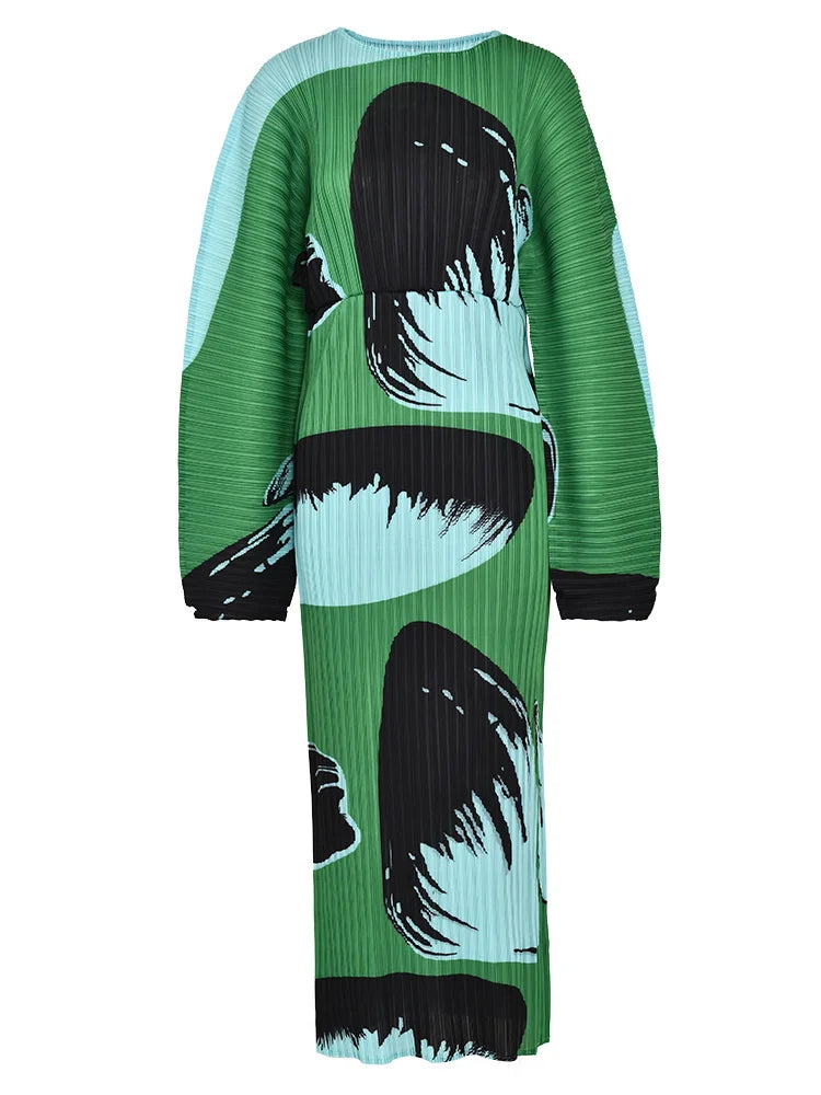 Abstract Print Pleated Maxi Dress