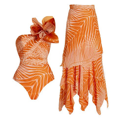 Sunny Citrus Swirl One-Shoulder Bikini with Floral Detail and Ruffle Sarong