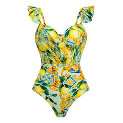 Watercolor Tropical Ruffle Detail Swimsuit