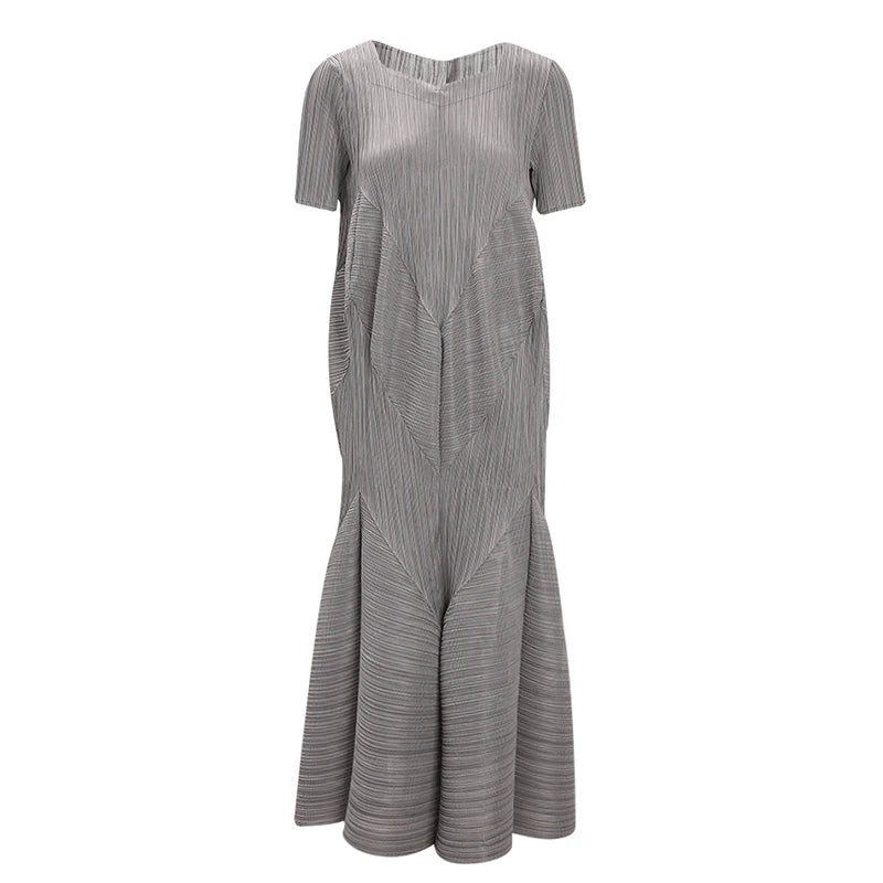 Architectural Grey Sculpted Pleated Midi Dress
