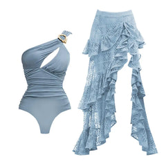 Floral Print Long Sleeve Swimsuit with Ruffled Maxi Skirt