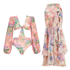 Watercolor Tropical Ruffle Detail Swimsuit