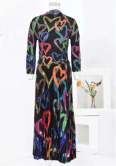 Rainbow Heart Print Pleated Midi Dress