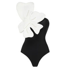 Azure Bloom One-Shoulder Swimsuit with White Floral Detail and Sarong