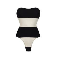 Chic Black & White Strapless One-Piece Swimsuit