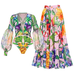 Sunset Mirage Pleated Long Sleeve Swimsuit with Matching Maxi Skirt