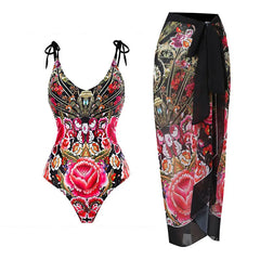 Dark Floral Print Tie-Shoulder Swimsuit with Matching Sheer Sarong