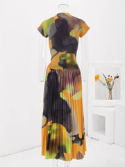 Abstract Sunset Pleated Midi Dress