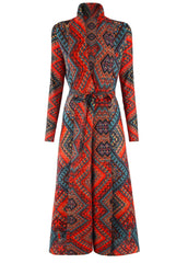 Geometric Mosaic Belted Maxi Dress
