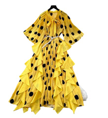 Vintage-Inspired Yellow Polka Dot Ruffle Maxi Dress