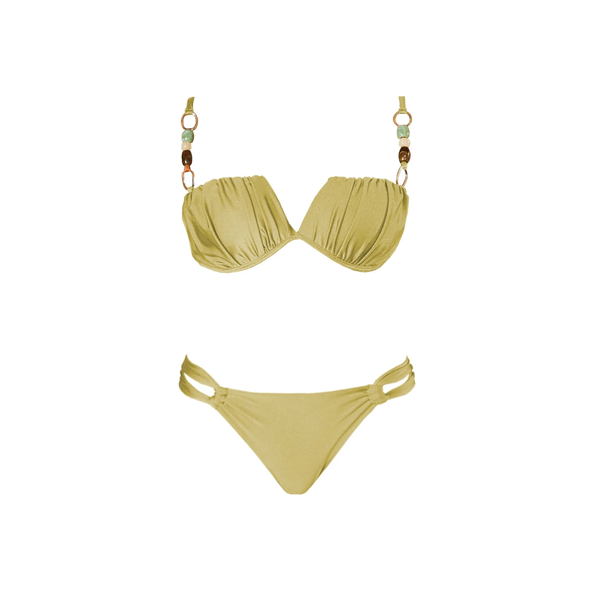 Metallic Brown Two-Piece Swimsuit with Unique Chain Straps & Patterned Wrap