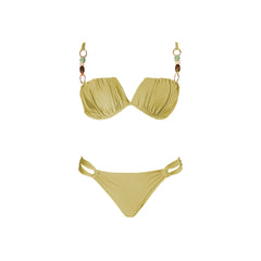 Metallic Brown Two-Piece Swimsuit with Unique Chain Straps & Patterned Wrap