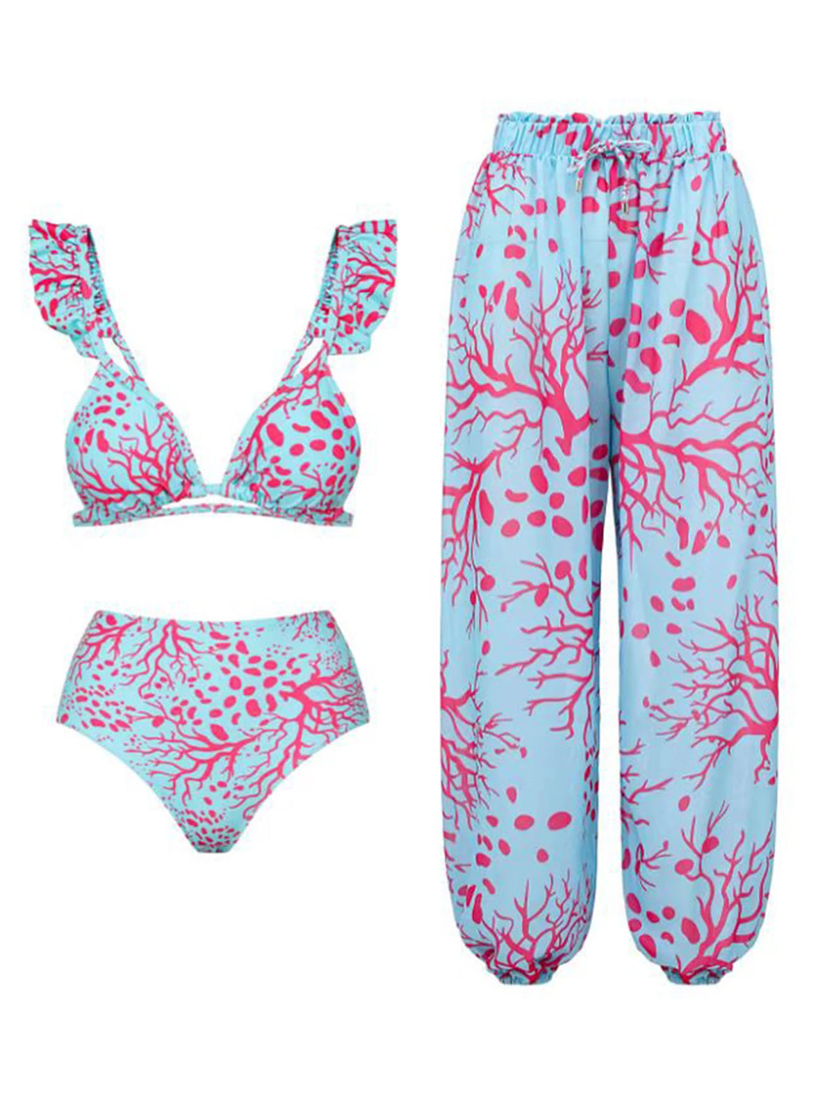 Coral Reef Ruffle Bikini Set with Matching High-Waist Pants