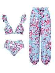 Coral Reef Ruffle Bikini Set with Matching High-Waist Pants