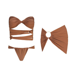 Brown One-Shoulder Cutout Swimsuit with Tie & Ring Cover-Up
