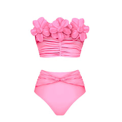 Bright Pink Ruched Swimwear with Flower Accents