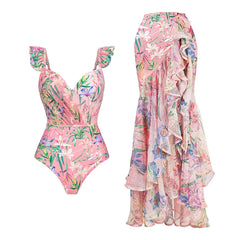 Watercolor Tropical Ruffle Detail Swimsuit