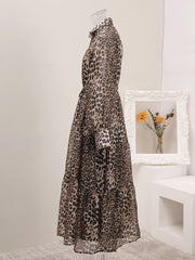 Chic Leopard Print Sheer Button-Down Midi Dress