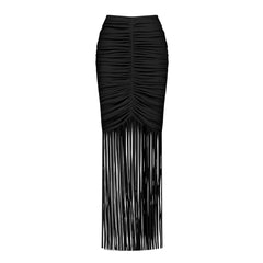 Black Elegance Floral Accent Swimsuit with Ruched Fringe Skirt