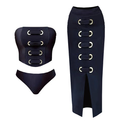 Midnight Grommet Lace-Up Bikini with Matching Slit Maxi Skirt