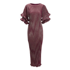 Wine Metallic Pleated Midi Dress