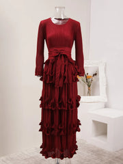 Elegant Rosewood Pleated Maxi Dress