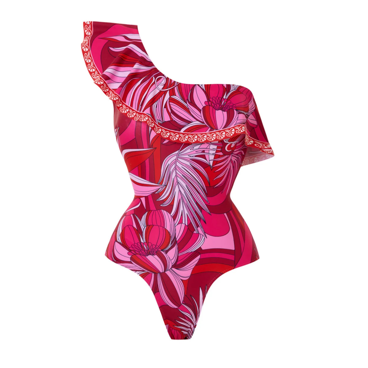One-Shoulder Floral Print Swimsuit with Matching Sarong