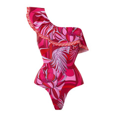 One-Shoulder Floral Print Swimsuit with Matching Sarong