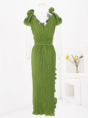 Leaf Pleated Maxi Dress
