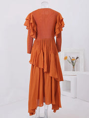 Rust Ruffle Sleeve Asymmetrical Maxi Dress