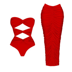 Crisscross Cutout One-Piece Swimsuit with Ruched Maxi Skirt