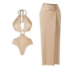 Mocha Twist Halter Cut-Out Swimsuit with Draped Maxi Skirt Set
