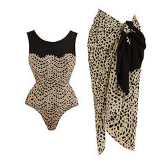 Chic Noir Wave-Print One-Piece Swimsuit & Matching Tie Sarong Set