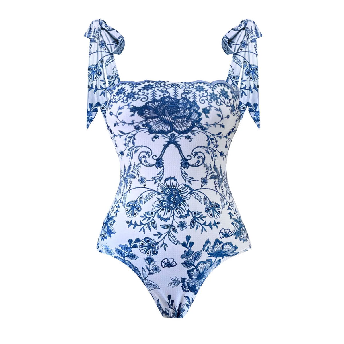 Chic Blue and White Floral Swimsuit with Tie Straps and Matching Tiered Skirt