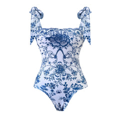 Chic Blue and White Floral Swimsuit with Tie Straps and Matching Tiered Skirt