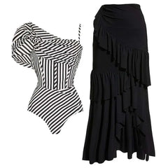 Riviera Stripe One-Shoulder Swimsuit with Puff Sleeve and Ruffle Sarong