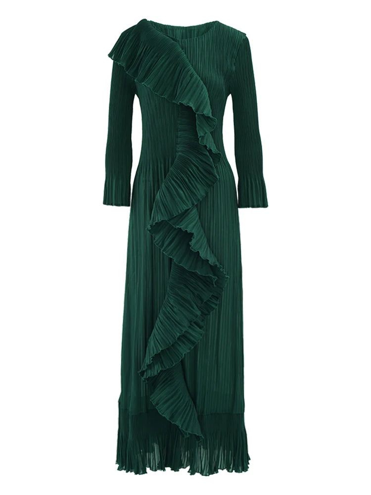Wine Green Pleated Maxi Dress