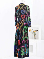 Rainbow Heart Print Pleated Midi Dress