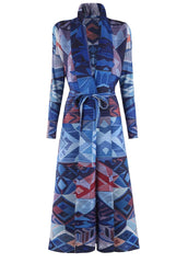 Geometric Mosaic Belted Maxi Dress