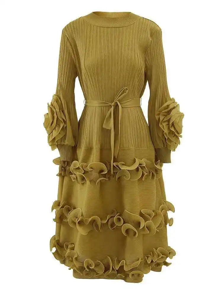 Mustard Pleated Midi Dress