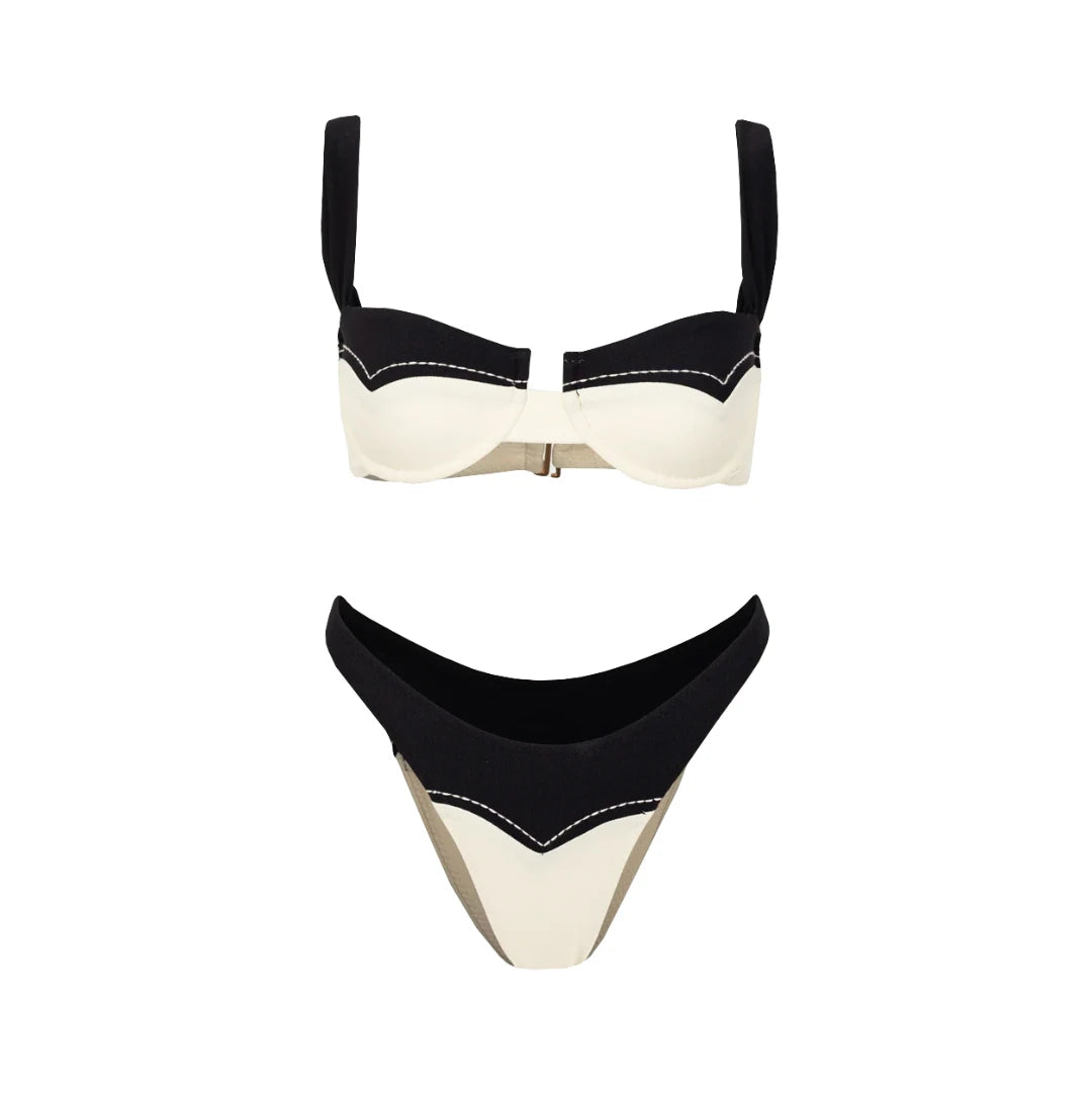 Black and White Bikini with Decorative Stitching Detail