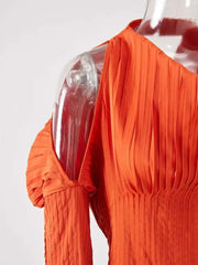 Burnt Orange Cold Shoulder Pleated Midi Dress